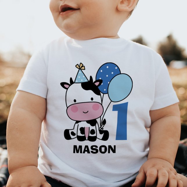 Boy 1st Birthday Cute Cow Balloons Personalised Baby T-Shirt (Creator Uploaded)