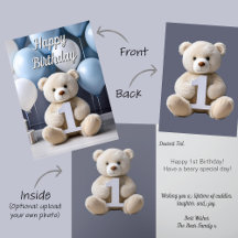 Boy 1st Birthday Cute Teddy Bear & Balloons