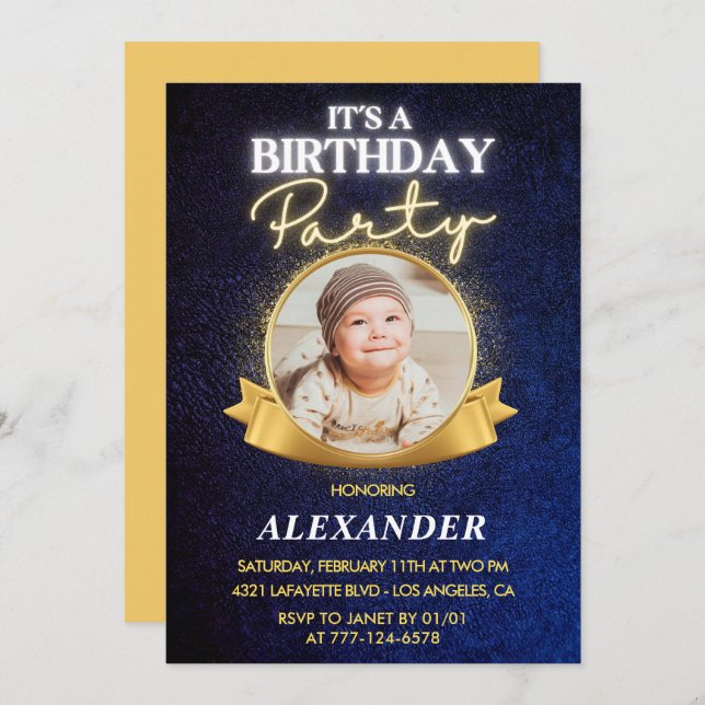 Boy 1st birthday invitations  Elegant Chic Photo (Front/Back)