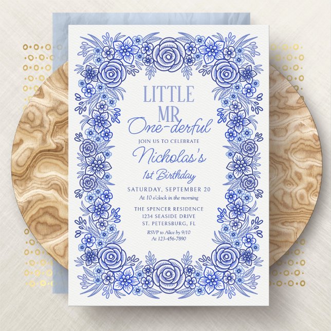 Boy 1st Birthday Mr One-derful Floral Invitation (Creator Uploaded)