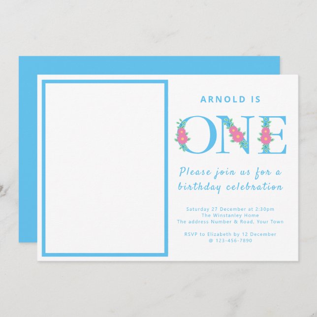 Boy 1st Birthday Party Blue Photo Invitation (Front/Back)