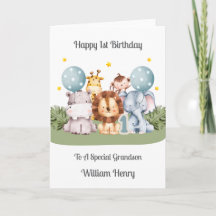 Boy 1st Birthday Safari Leaf Animals Card