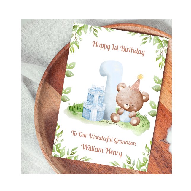 Boy 1st Birthday Teddy Bear Birthday Card (Creator Uploaded)