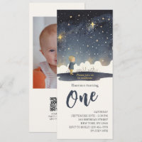 Boy 1st Birthday Watercolor Stars Photo QR RSVP