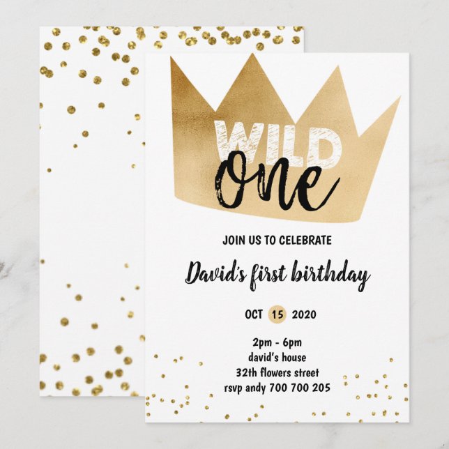 Boy 1st Birthday WILD ONE Gold Foil Crown Confetti Invitation (Front/Back)