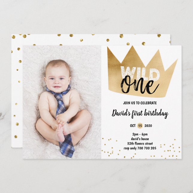 Boy 1st Birthday WILD ONE Gold Foil Crown Photo Invitation (Front/Back)