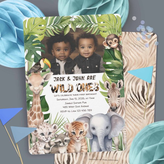 Boy 1st Birthday Wild One Twins Photo birthday Invitation (Twins first birthday invites, wild one jungle safari themed invites.)
