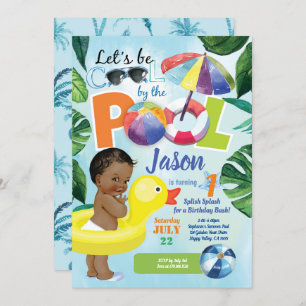 Boy 1st first birthday pool party tropical invitation