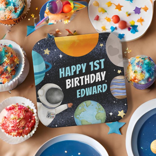 Boy 1st Happy Birthday Planets Space Paper Plate (Creator Uploaded)