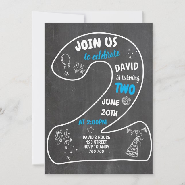 Boy 2nd Birthday Chalkboard Number Blue Invitation (Front)