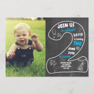 Boy 2nd Birthday Chalkboard with Photo Blue Invitation