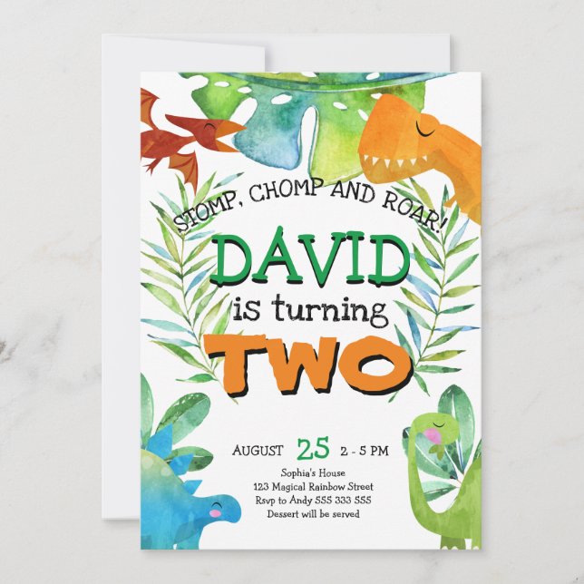Boy 2nd Birthday Dinosaur Boys Second Birthday Invitation (Front)