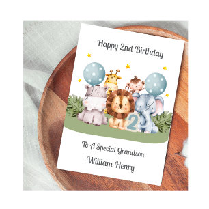 Boy 2nd Birthday Safari Leaf Animals Card