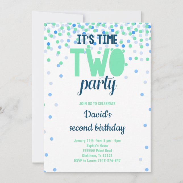 Boy 2nd Birthday TWO PARTY Confetti Blue Green Invitation (Front)