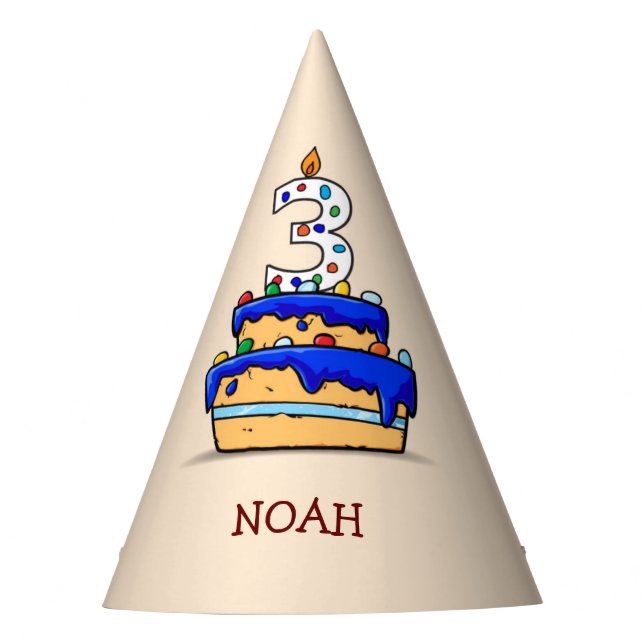 Boy 3rd Birthday, 3 on Sweet Blue Cake Party Hat (Front)
