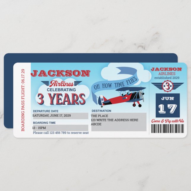 Boy, 3rd Birthday, Boarding Pass, Aeroplane Invitation (Front/Back)