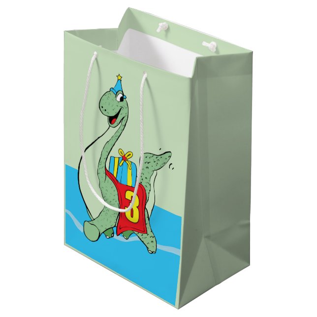 Boy, 3rd Birthday Dinosaur Medium Gift Bag (Front Angled)
