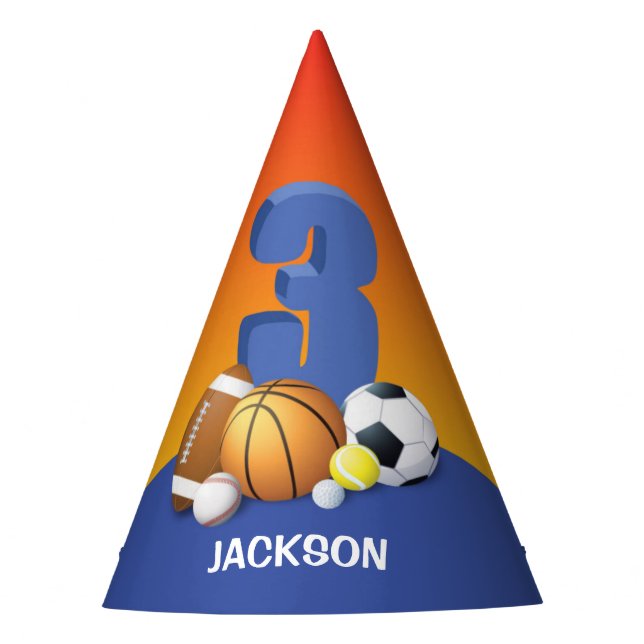 Boy 3rd Birthday Sports Balls Party Hat (Front)