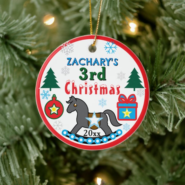 Boy 3rd Christmas PHOTO Gray Blue Horse Ceramic Ornament (Tree)