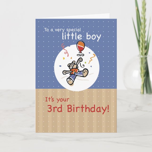Boy 3rd Teddy Bear Balloon Birthday Card (Front)