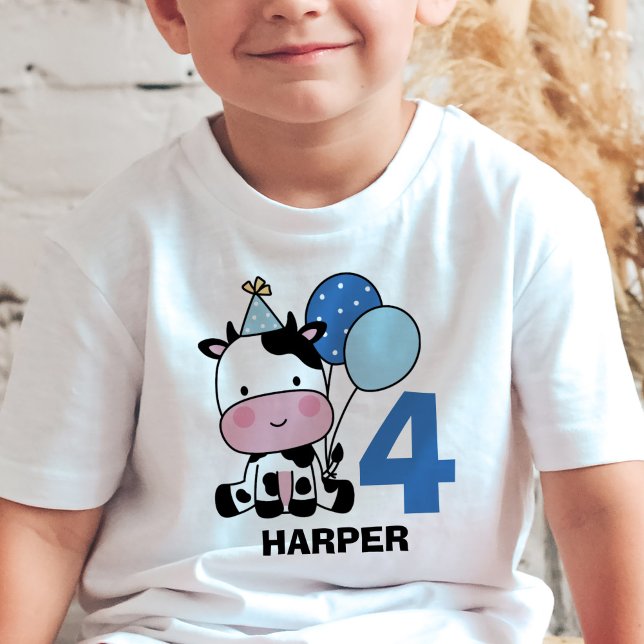 Boy 4th Birthday Cow Blue Balloons Personalised T-Shirt (Creator Uploaded)