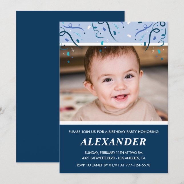 Boy 4th birthday invitations Photo Navy Blue (Front/Back)