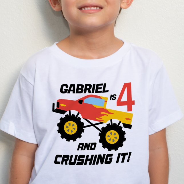 Boy 4th Birthday Monster Truck Personalised Baby T-Shirt (Creator Uploaded)