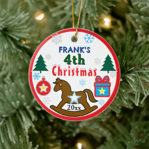 Boy 4th Christmas Rocking Horse INSERT PHOTO Ceramic Ornament