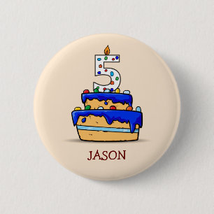 Boy 5th Birthday, 5 on Sweet Blue Cake 6 Cm Round Badge