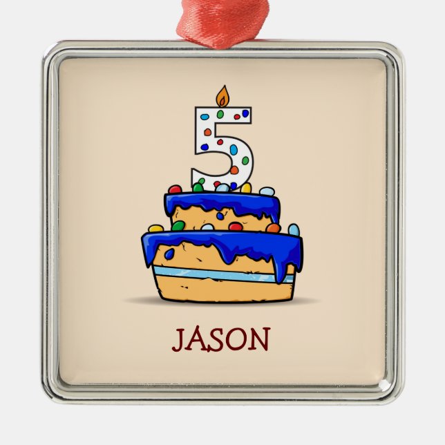 Boy 5th Birthday, 5 on Sweet Blue Cake Metal Ornament (Front)