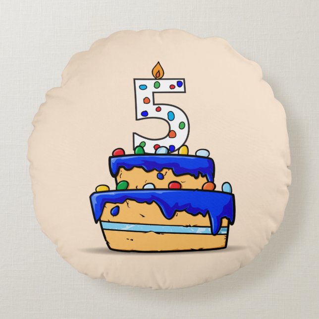 Boy 5th Birthday, 5 on Sweet Blue Cake Round Cushion (Front)