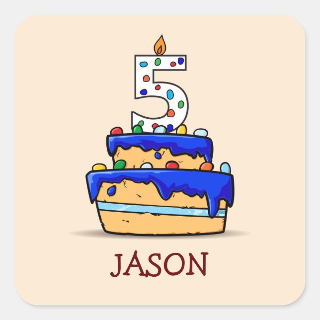 Boy 5th Birthday, 5 on Sweet Blue Cake Square Sticker (Front)
