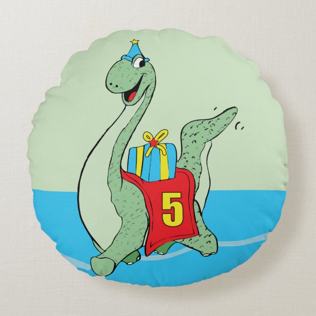 Boy, 5th Birthday Dinosaur Round Cushion (Front)