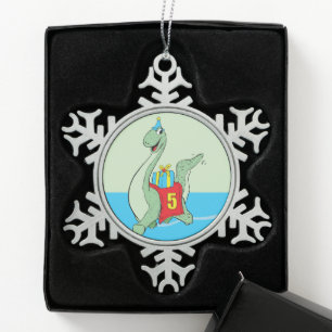 Boy, 5th Birthday Dinosaur Snowflake Pewter Christmas Ornament