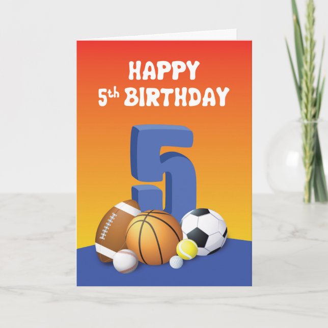 Boy 5th Birthday Sports Balls Card (Front)