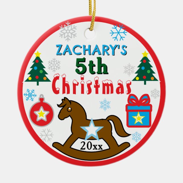 Boy 5th Christmas Horse Tree PHOTO Ceramic Ornament (Front)