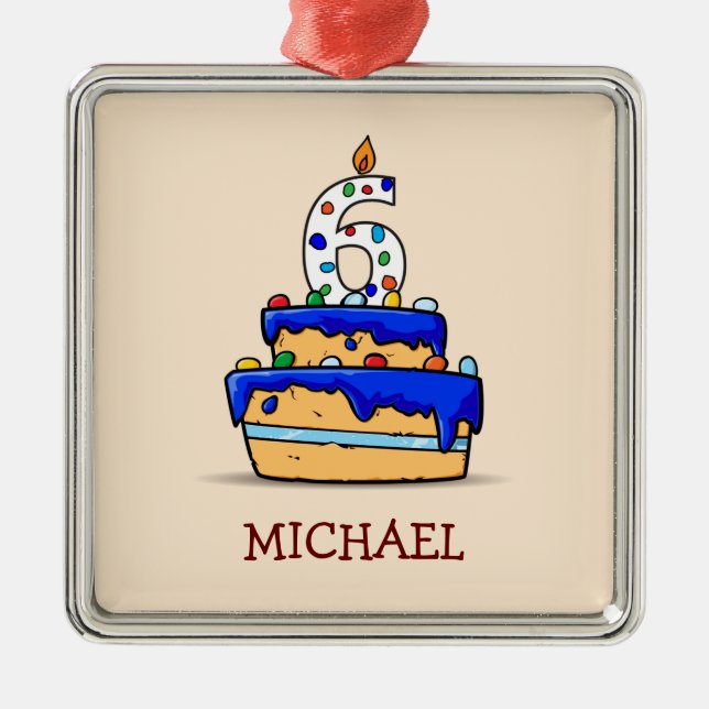 Boy 6th Birthday, 6 on Sweet Blue Cake Metal Ornament (Front)