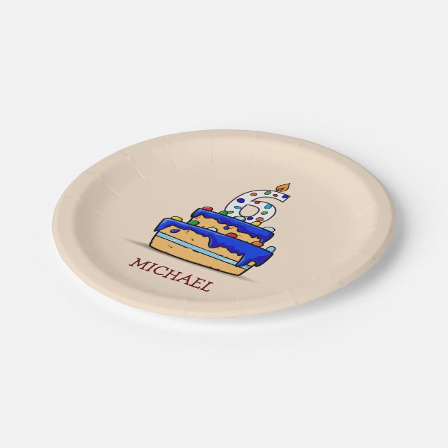 Boy 6th Birthday, 6 on Sweet Blue Cake Paper Plate (Angled)