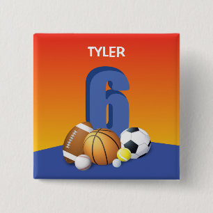 Boy 6th Birthday Sports Balls 15 Cm Square Badge