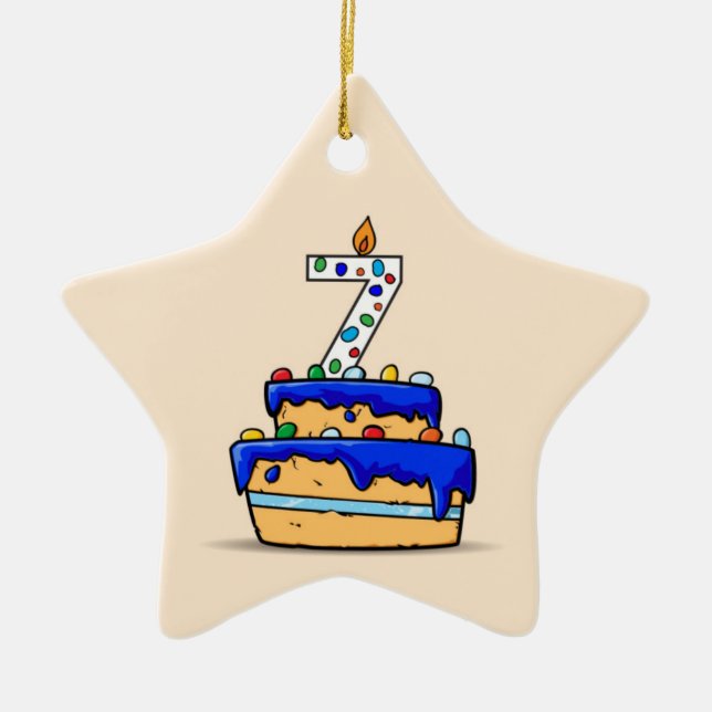 Boy 7th Birthday, 7 on Sweet Blue Cake Ceramic Ornament (Front)