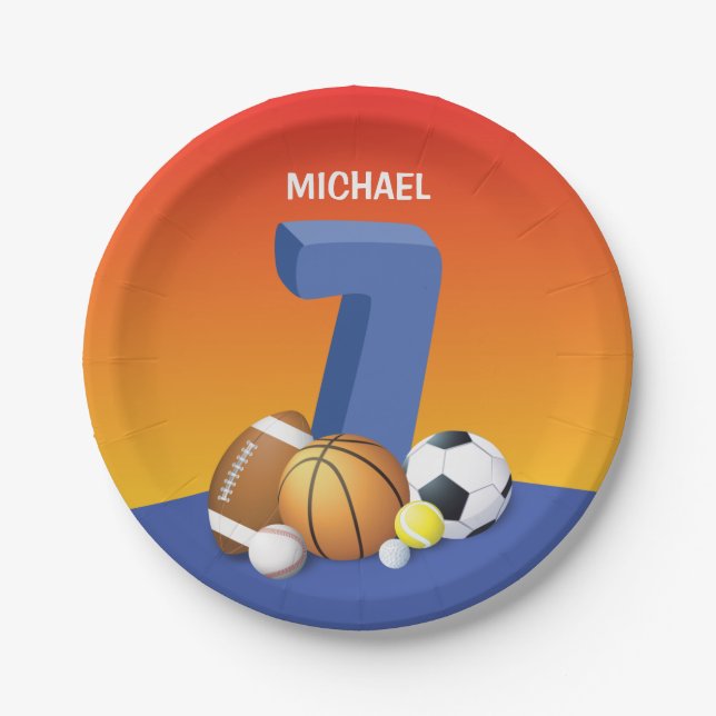 Boy 7th Birthday Sports Balls Paper Plate (Front)