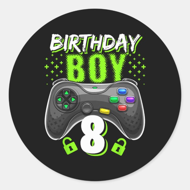 Boy 8 Video Game Controller Gamer 8th Birthday Gif Classic Round Sticker (Front)
