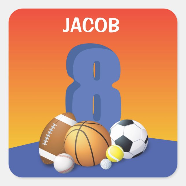 Boy 8th Birthday Sports Balls Square Sticker (Front)