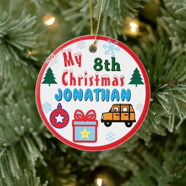 Boy 8th Christmas Orange Car AGE YEAR Ceramic Ornament (Tree)