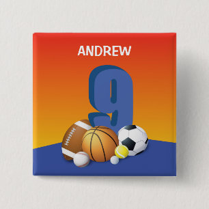 Boy 9th Birthday Sports Balls 15 Cm Square Badge