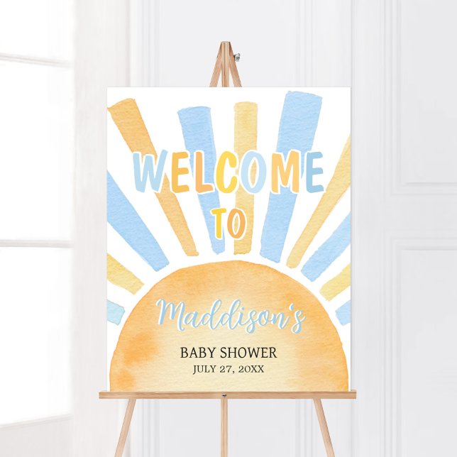 Boy A Little Ray of Sunshine Baby Shower Welcome Poster (Blue Boho Sunshine Baby Shower Welcome Sign)