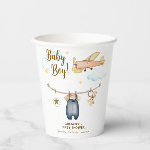 Boy Adventure Clothesline Airplane Sky Baby Shower Paper Cups
