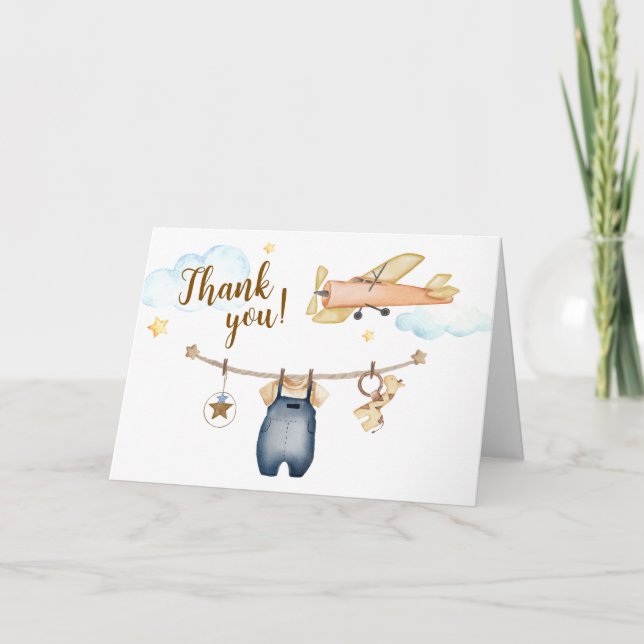 Boy Adventure Clothesline Airplane Sky Baby Shower Thank You Card (Front)
