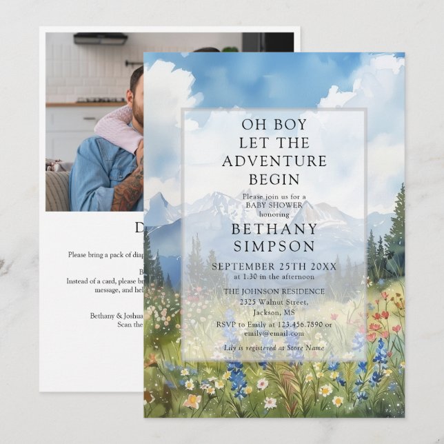 Boy Adventure Mountain Photo QR Code Baby Shower Invitation (Front/Back)