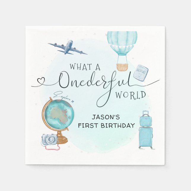 Boy Adventure ONEderful World 1st First Birthday Napkin (Front)